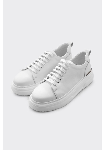 Derinet Hakiki Deri Bağcıklı Yüksek Taban Erkek Sneaker Beyaz Beyaz