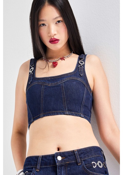 Kadın Lacivert Renk 19w5-33 Aksesuar Detaylı Askılı Esnek Kumaş Tasarım Denim Büstiyer