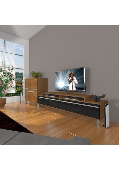 Decoraktiv Ekoflex On Mdf Krom Ayaklı Tv Ünitesi Tv Sehpası Ceviz - Siyah