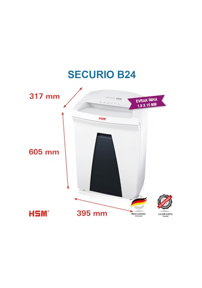 HSM SECURIO B24 Evrak İmha Makinesi / Kağıt Kırpma Makinesi - Parçacık kesim 1,9x15mm- 34lt