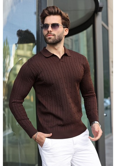 Madmext Kahverengi Polo Yaka Saç Örgü Desenli Erkek Triko Kazak E7519