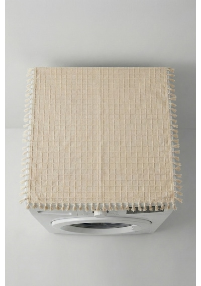 Vintage Püsküllü Çamaşır Makinesi Örtüsü - Çeyizlik Buldan Bezi Dekoratif Banyo Makine Kılıfı Bej