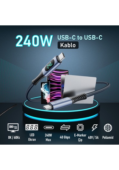 SooPii S42 PD 240W Led Ekranlı Usb 4.0 40g 8k-60hz Type-C Örgülü Kablo