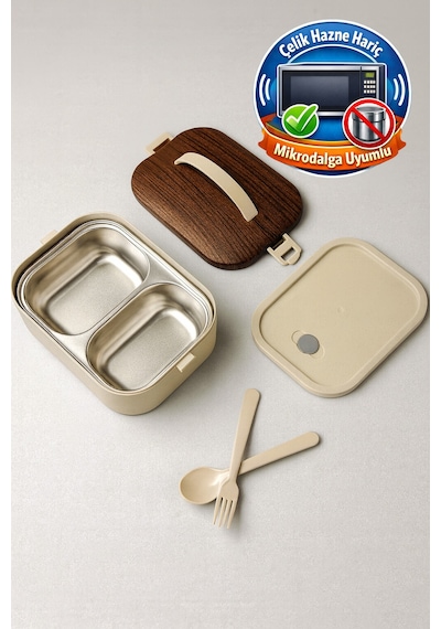 Lunchee - Çelik Bölmeli Sızdırmaz Ahşap Görünümlü Vakum Kapaklı Yemek Kabı Lunchbox 650 Ml Kahverengi