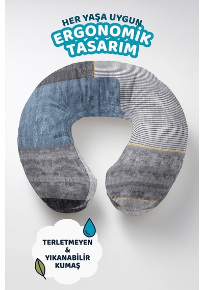 Modern Geometrik Desenli Boyun Yastığı - Şeritli Mavi Gri Yumuşak Seyahat Yastığı Pastel Ayışığı Keten