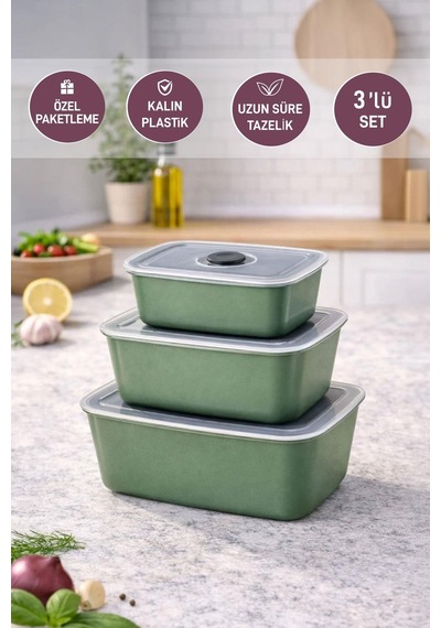 Selka Home 3'lü Vakum Kapaklı Saklama Kabı Yeşil