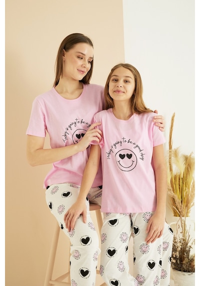 Siyah İnci Pamuklu Bisiklet Yaka Örme Pijama Takım25107127 Pembe