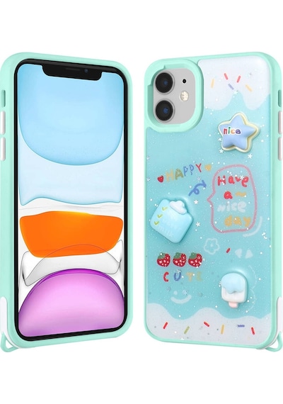 Apple Uyumlu iPhone 11 Kılıf Parlayan Sıvılı Simli Kabartma Figürlü Zore Cevze Kapak-yeşil Yeşil