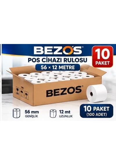Termal Pos Cihazı Rulosu 56 Mm X 12 M - 100 Adet 10 Paket Yazar Kasa Slip Rulosu