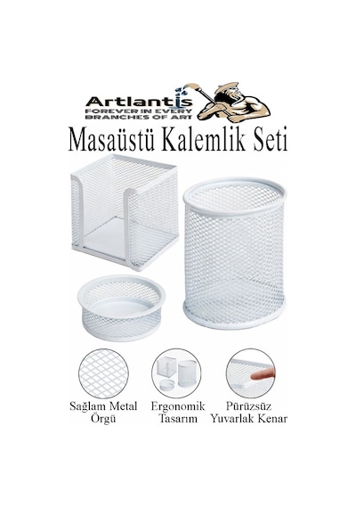 Beyaz Masaüstü Fileli Kalemlik Seti 3 Parça 1 Paket 3 Lü Masa Üstü Düzenleyici Kalemlik Küp Notluk Ataşlık Beyaz