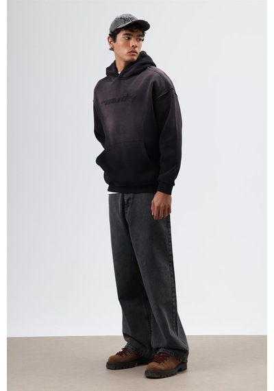 Vamos Oversize Baskılı Yıkamalı Hoodie Siyah