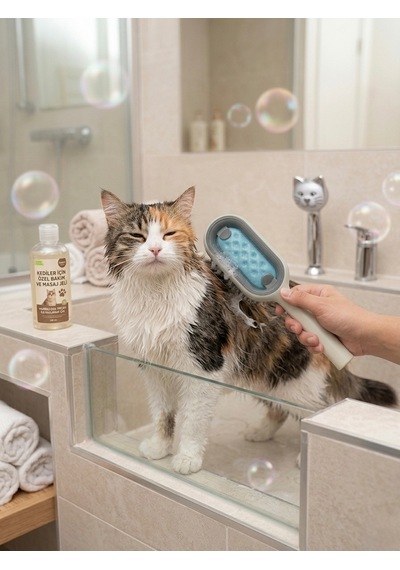 Hazneli Evcil Hayvan Duş Tarağı Kedi Köpek Tüy Toplayıcı Masaj Fırçası Mavi