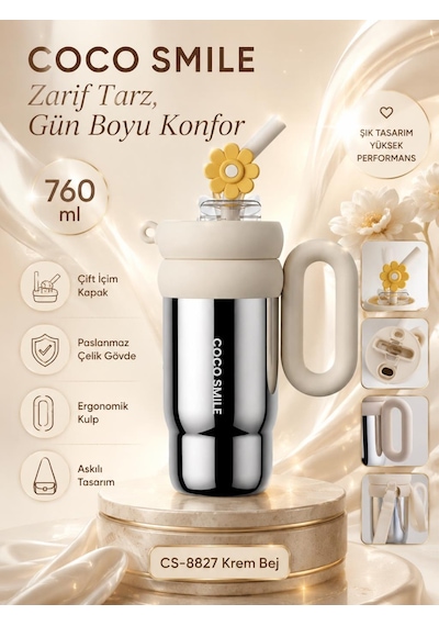Cocosmile Cs-8827 Krem Bej 760 Ml Çift İçim Paslanmaz Çelik Termos Mug Matara Askılı