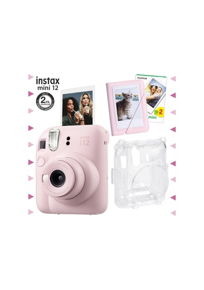 Fujifilm Instax Mini 12 Fotoğraf Makinesi + 20'li Film + Mini Albüm + Şeffaf Kılıf Seti Pembe