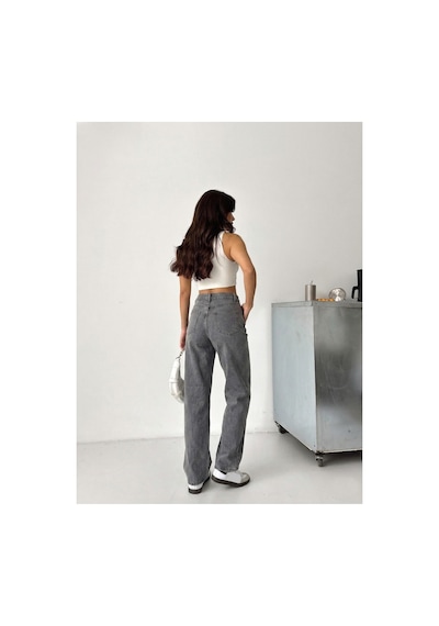 Kene Jeans Kadın Yüksek Bel Kar Siyah Boyfriend Bol Paça Denim Kot Pantolon Kar Siyah