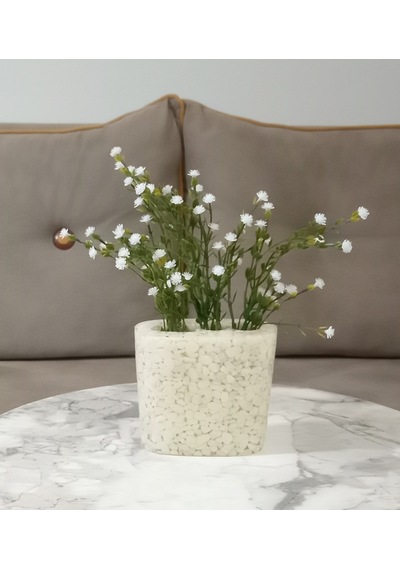 Vazoda Beyaz Yapay Çiçek Dekoratif Deniz Taşı El Yapımı Vazo Dahil 10 x 5 x 14 CM