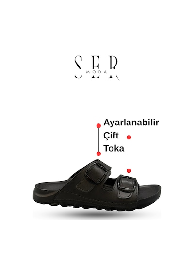 Sermoda Kadın Terlik Esnek Anatomik Tabanlı Ayarlanabilir Çift Tokalı Kadın Terlik Siyah