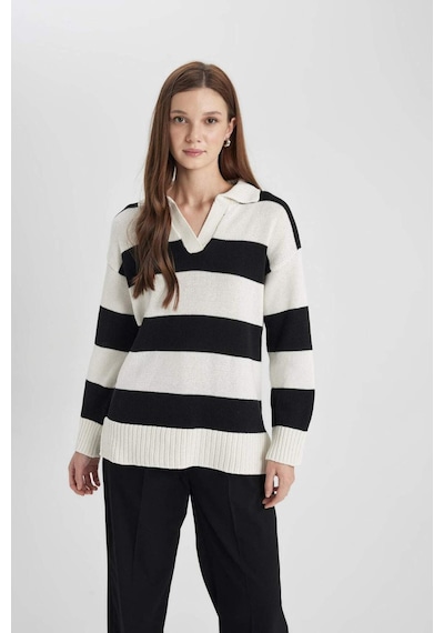DeFacto Regular Fit Polo Yaka Çizgili Triko Kazak Tunik B8370AX24SPER133 Ekru