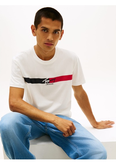 Tommy Hilfiger Tjm Erkek Regular İmza Şeridi T Ext Beyaz T-shirt-13661 Beyaz