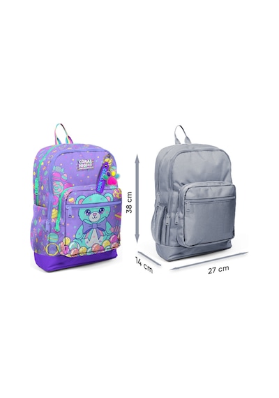 Coral High Kız Çocuk Mor Yeşil Ayıcık Desenli İlkokul Sırt Çantası Dört Bölme 33205 Çok Renkli