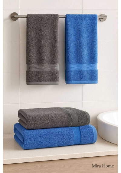 4 Parça Banyo Havlu Takımı %100 Pamuklu Dry Antrasit Mavi Çok Renkli