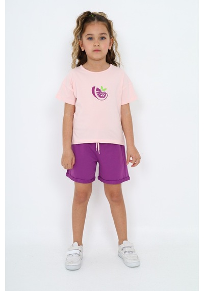 Toontoy Kids Toontoy Kız Çocuk 2'li Takım Baskılı Bisiklet Yaka T-shirt & Beli Lastikli Şort Pudra