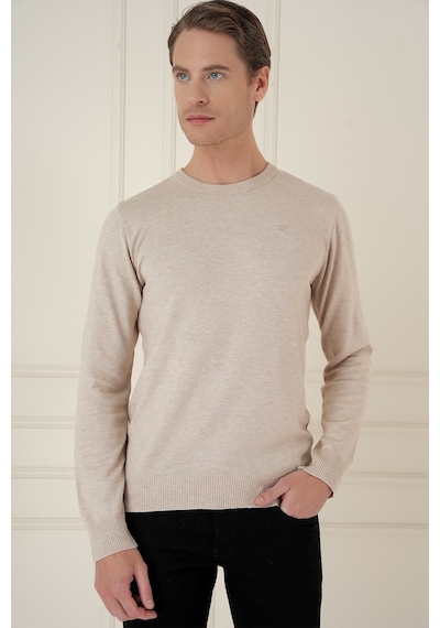 Slim Fit Ribanalı Düz Bej Yünlü Bisiklet Yaka Triko Kazak Tr 900