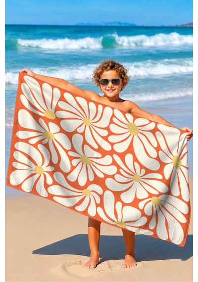 Çiçek Desenli Turuncu Beyaz Plaj Havlusu - Retro Floral Modern Hızlı Kuruyan Mikrofiber Havlu Köpük Şakayık