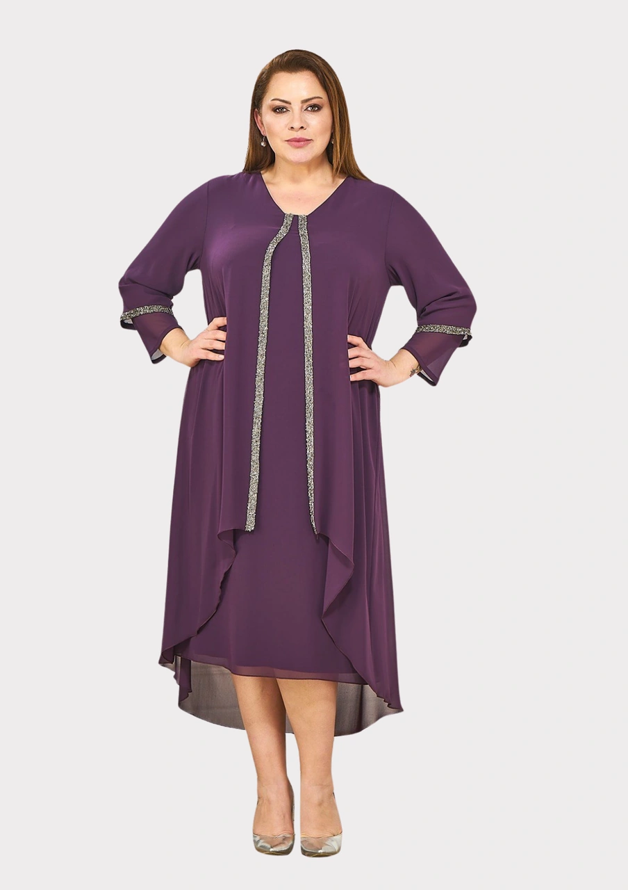 Lilas Xxl Büyük Beden Mürdüm Renkli Taş Baskılı Kısa Abiye Elbise Koyu Mürdüm