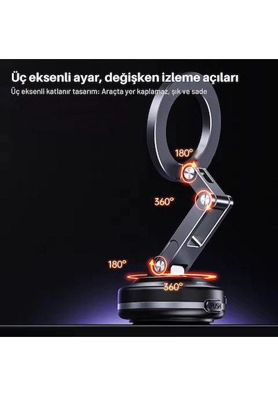 Shopytech X63 Alüminyum Alaşımlı Manyetik Araç Telefon Tutucu 360 Çok Eksenli Vakum Tabanlı Type-c 1 Adet