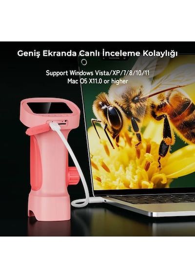 395 Pembe Taşınabilir Dijital Çocuk Mikroskobu - 2.4 İnç Ips Ekranlı, 1080p Full Hd, 1000x Zoom, 8 Led Işıklı Eğitici Bilim Kiti