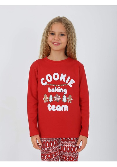 Kız Çocuk Uzun Kollu %100 Pamuklu Pijama Takımı Cookie Team Kırmızı