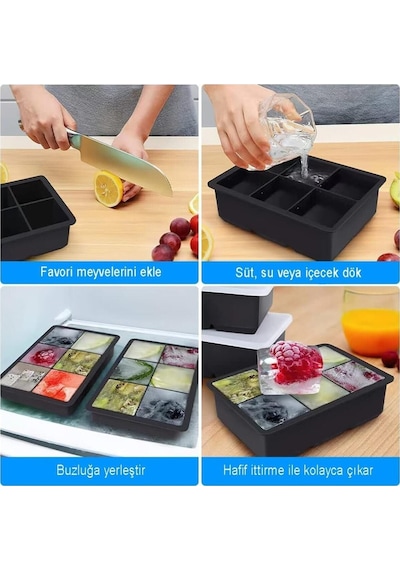 Gri Silikon 6'lı Kare Buz Kalıbı - 6 Bölmeli Buzluk 5cm Dev Buz Küpleri - Sunum Buz Küpü Silikon Diğer