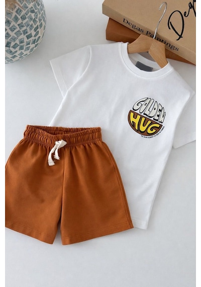 Monila Erkek Çocuk Pamuklu Ekru Baskılı T-shirt Ve Tarçın Şort Takım Ekru/tarçın