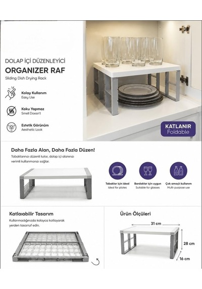 Dolap İçi Düzenleyici Organizer Raf 31x28x16 Cm Katlanabilir Mutfak Dolap Rafı Tabak, Bardak, Kupa Ve Mutfak Eşyası Düzenleme Standı 7009