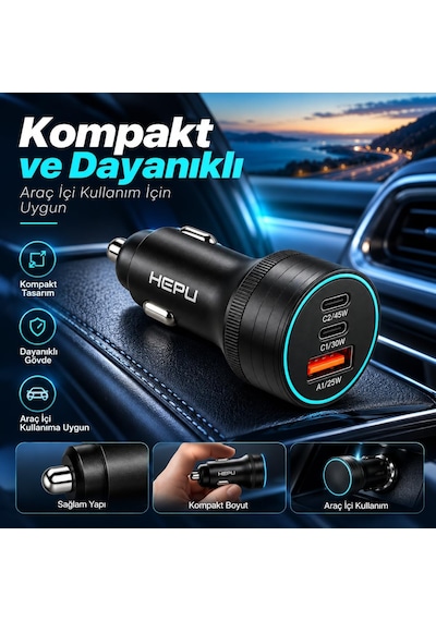 Hp-ad01 105w Gan 3 Portlu Araç İçi Hızlı Şarj Cihazı 2x Type-c + Usb-a Çakmaklık Şarj Adaptörü