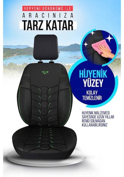 Siyah - Yeşil Panda Valencia Serisi Jakar Kumaş Oto Koltuk Kılıfı - Tam Set