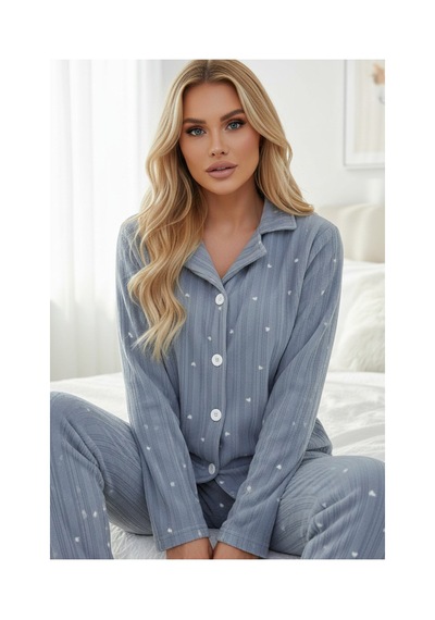 Siyah İnci Düğmeli Büyük Beden Polar Kışlık Örme Pijama Takım mavi