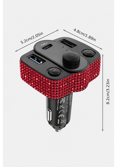 Araç İçi Kırmızı Kristal Taşlı Fm Transmitter Bluetooth Usb Type-c Oto Çakmaklık