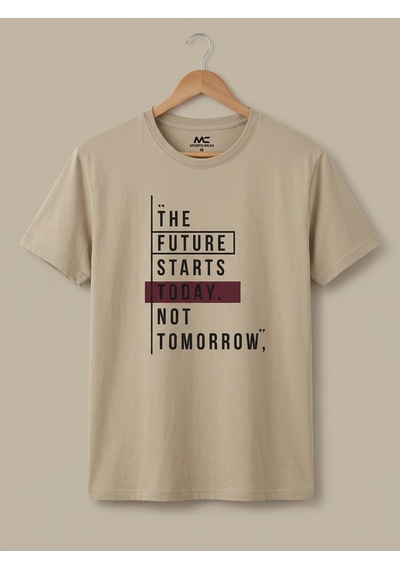 Maccali Erkek Bej The Future Starts Today Baskılı Bisiklet Yaka Bol Kesim Tişört