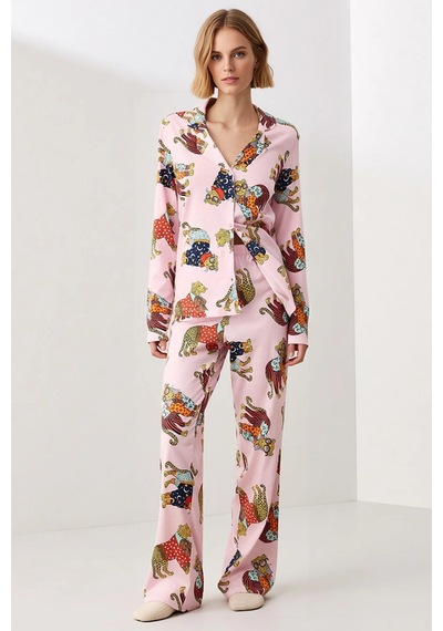 Benerly Kadın Gömlek Yaka Uzun Kol Kaplan Baskılı Pijama Takımı Regular K Pembe