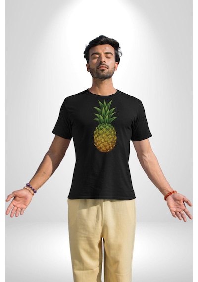 Ananas Meyve Unisex Unisex Siyah Organik Baskılı T-shirt Penye Yüksek Kalite Siyah