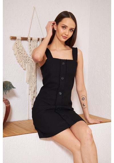 Darlin Moda Siyah Askılı Düğme Detaylı Mini Elbise DM1011 Siyah