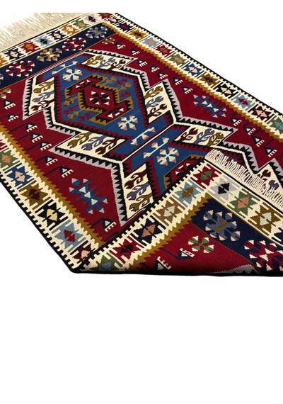 El Dokuma Sıfır Yahyalı Kilim 100x165 Kırmızı Mavi %100 Yün Kök Boya Mavi
