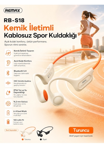 Remax Rb-s18 Kemik İletimli Bluetooth 5.4 Kablosuz Spor Kulaklığı - Açık Kulak Tasarımlı Rb-s18 Turuncu