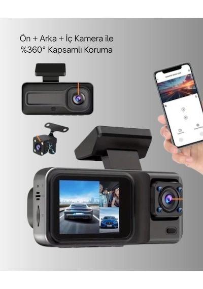 360 Kapsama Sahip Full Hd Araç Kamerası 3 Lü Kayıt Gece Görüşlü Dashcam 17733106