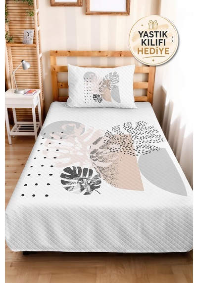 Botanik Gri Genç Odası Bohem Tek Kişilik Pike Takımı-minimal Pudra 160x220 Cm Kapitone Yatak Örtüsü Gölge Taş Örtüsü