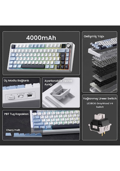 Aula F75 Max Mekanik Gaming Oyuncu Klavyesi Tkl Rgb Graywood V4 Switch Kablosuz Makrolu Hot Swap Türkçe Q Lacivert