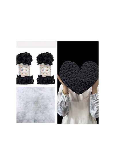 Kalp Yastık Puffy Malzemesi 2 Adet Puffy 1060 Siyah Ve 200 Gr. Boncuk Elyaf Seti
