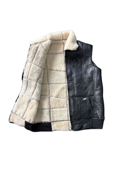 Ln Leather Patchwoork İçi Dışı Gerçek Deri Yakalı Beli Trikolu Yelek Siyah